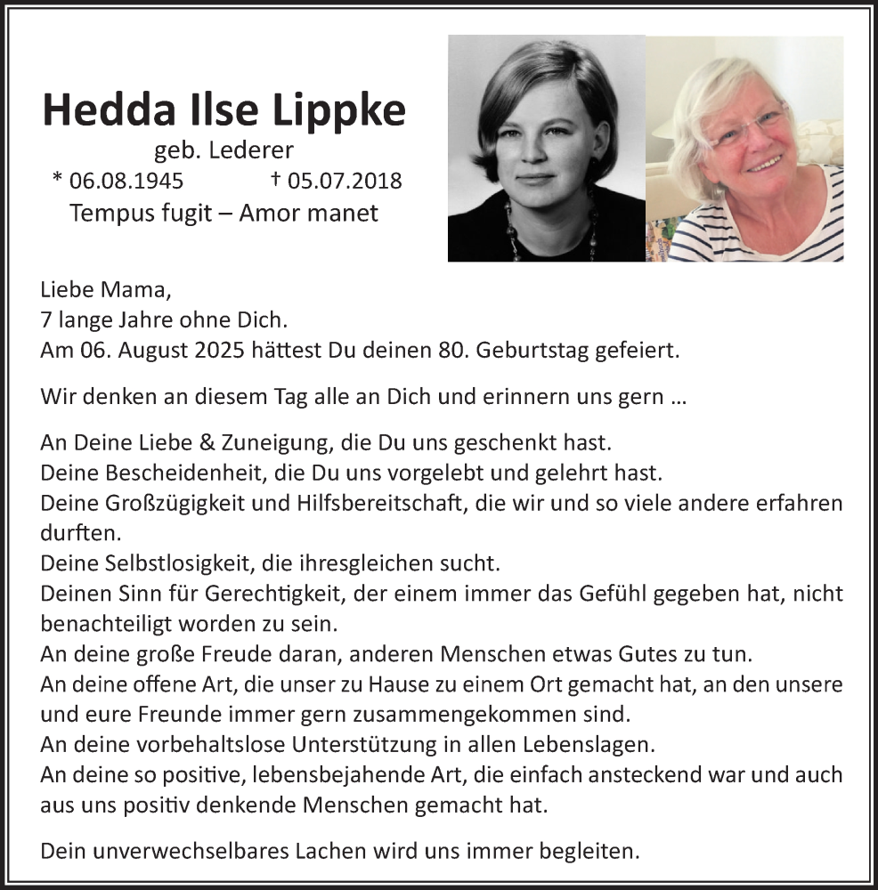  Traueranzeige für Hedda Ilse Lippke vom 09.08.2025 aus Umschau