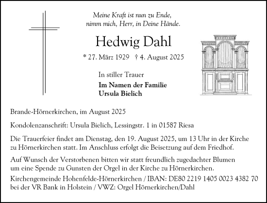 Traueranzeige von Hedwig Dahl von Elmshorner Nachrichten, Barmstedter Zeitung