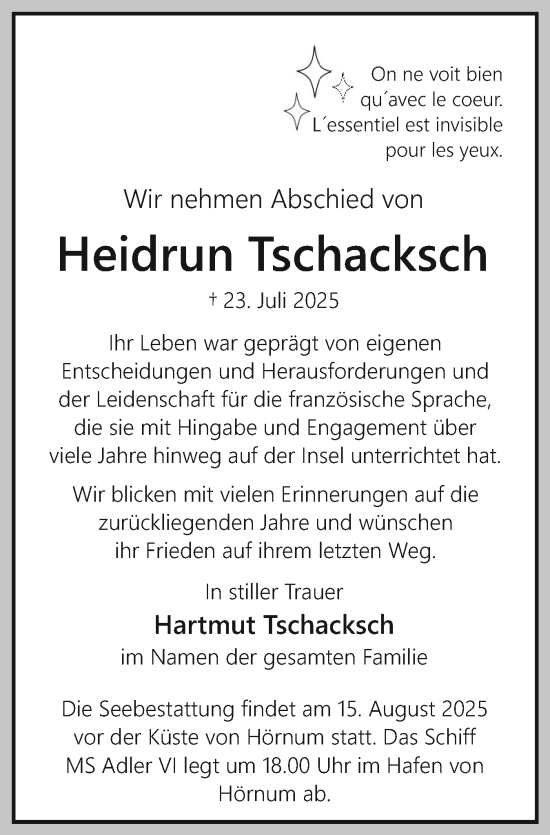 Traueranzeige von Heidrun Tschacksch von Sylter Rundschau