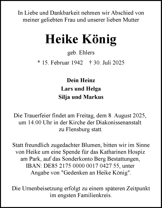 Traueranzeige von Heike König von Flensburger Tageblatt