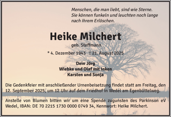 Traueranzeige von Heike Milchert von Wedel-Schulauer Tageblatt, tip Wedel-Schulauer Tageblatt, tip Rissener Rundschau