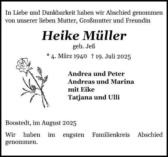 Traueranzeige von Heike Müller von Holsteinischer Courier