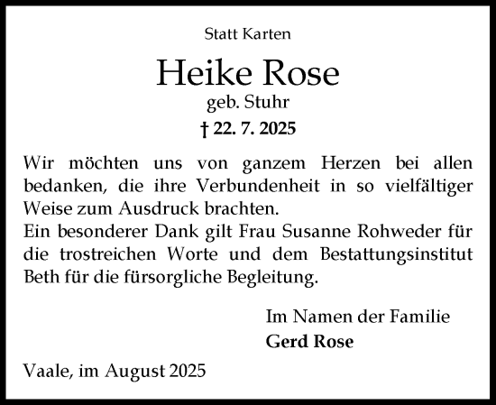 Traueranzeige von Heike Rose von Norddeutsche Rundschau, Wilstersche Zeitung, Glückstädter Fortuna