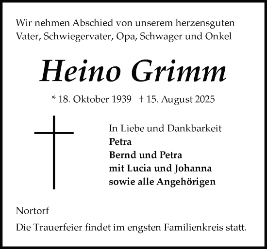 Traueranzeige von Heino Grimm von Schleswig-Holsteinische Landeszeitung
