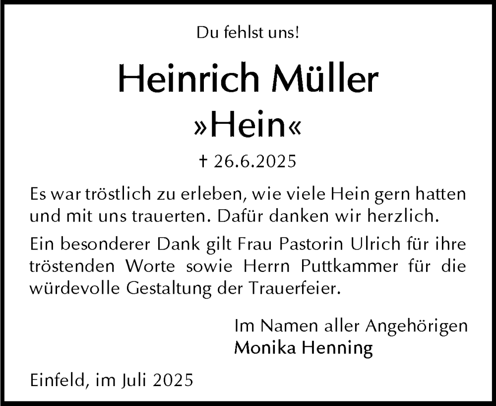  Traueranzeige für Heinrich Müller vom 02.08.2025 aus Holsteinischer Courier