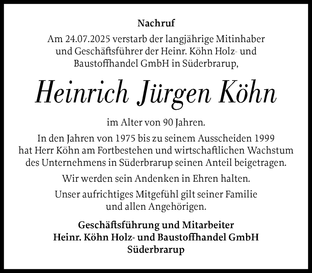  Traueranzeige für Heinrich Jürgen Köhn vom 22.08.2025 aus Schleswiger Nachrichten, Schlei-Bote, Eckernförder Zeitung
