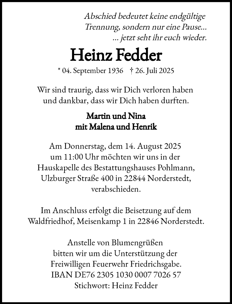  Traueranzeige für Heinz Fedder vom 09.08.2025 aus Heimatspiegel