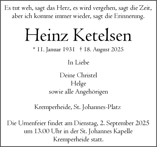 Traueranzeige von Heinz Ketelsen von Norddeutsche Rundschau, Wilstersche Zeitung, Glückstädter Fortuna