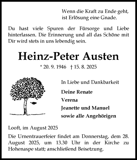 Traueranzeige von Heinz-Peter Austen von Norddeutsche Rundschau, Wilstersche Zeitung, Glückstädter Fortuna