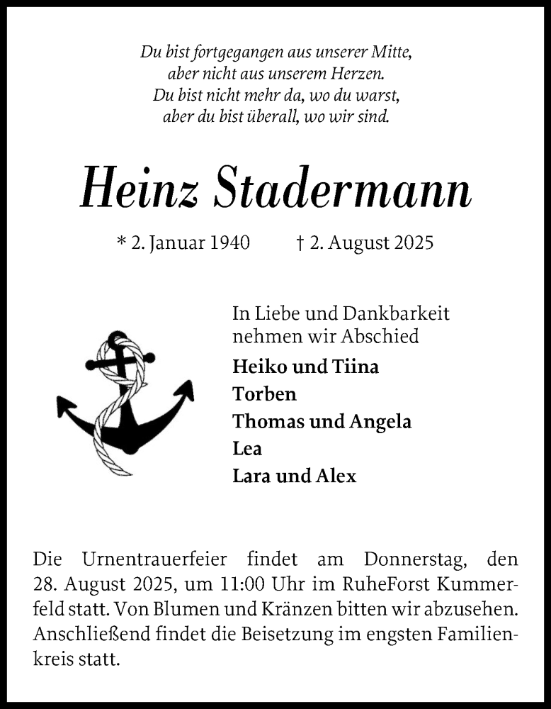  Traueranzeige für Heinz Stadermann vom 16.08.2025 aus Region Pinneberg und tip Pinneberg