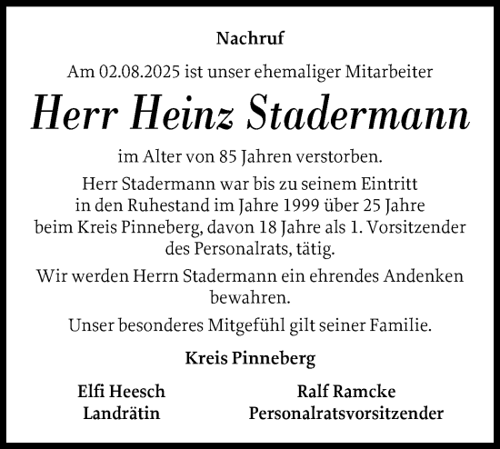 Traueranzeige von Heinz Stadermann von tip Gesamtausgabe