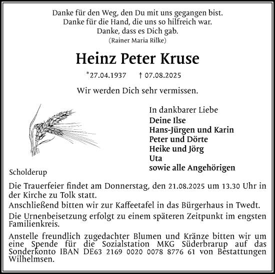 Traueranzeige von Heinz Peter Kruse von Schleswiger Nachrichten, Schlei-Bote