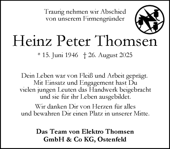 Traueranzeige von Heinz Peter Thomsen von Husumer Nachrichten, Nordfriesland Tageblatt