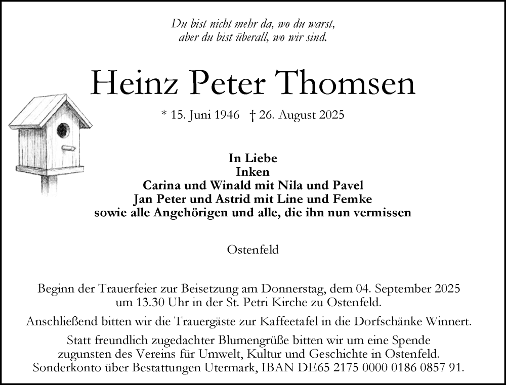  Traueranzeige für Heinz Peter Thomsen vom 30.08.2025 aus Husumer Nachrichten, Nordfriesland Tageblatt