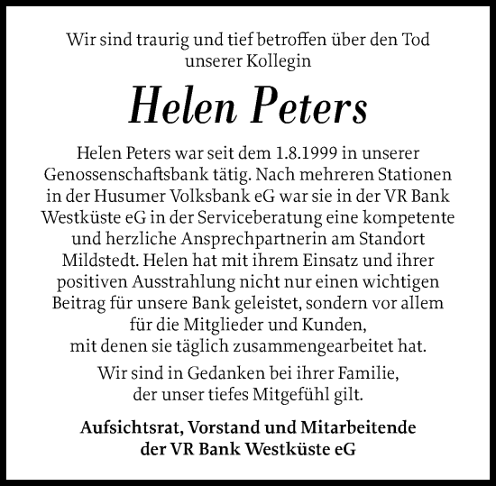 Traueranzeige von Helen Peters von Husumer Nachrichten, Nordfriesland Tageblatt