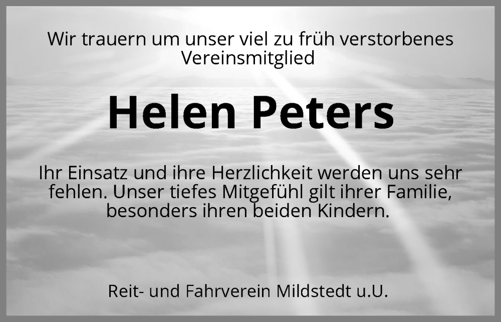  Traueranzeige für Helen Peters vom 26.08.2025 aus Husumer Nachrichten, Nordfriesland Tageblatt