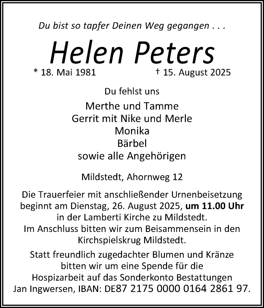  Traueranzeige für Helen Peters vom 21.08.2025 aus Husumer Nachrichten, Nordfriesland Tageblatt