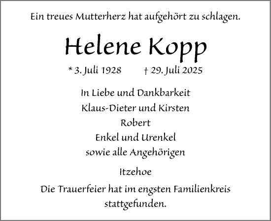 Traueranzeige von Helene Kopp von Norddeutsche Rundschau, Wilstersche Zeitung, Glückstädter Fortuna