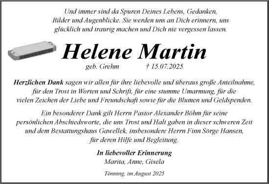 Traueranzeige von Helene Martin von Husumer Nachrichten, Nordfriesland Tageblatt