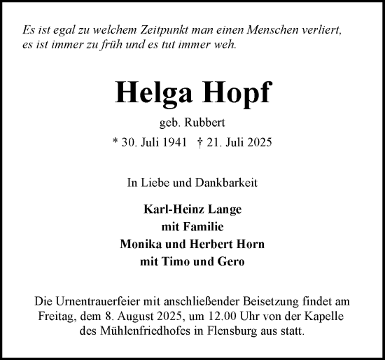 Traueranzeige von Helga Hopf von Flensburger Tageblatt