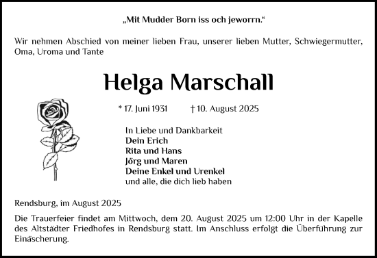 Traueranzeige von Helga Marschall von Schleswig-Holsteinische Landeszeitung