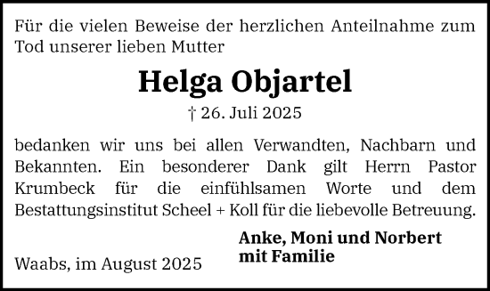 Traueranzeige von Helga Objartel von Eckernförder Zeitung, Hallo Eckernförde