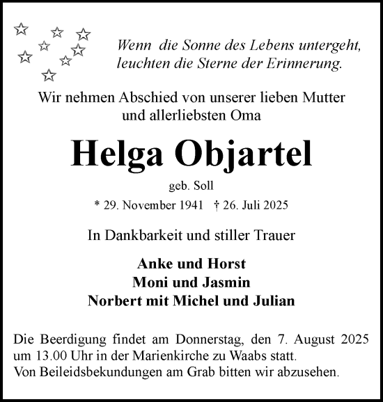Traueranzeige von Helga Objartel von Eckernförder Zeitung, Hallo Eckernförde