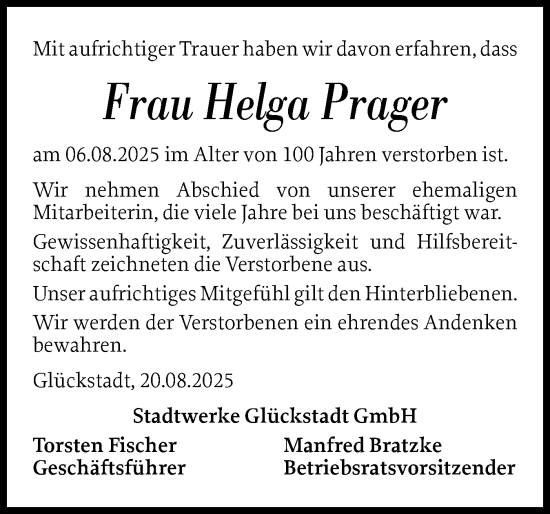 Traueranzeige von Helga Prager von Norddeutsche Rundschau, Wilstersche Zeitung, Glückstädter Fortuna