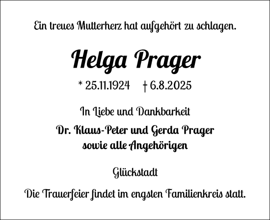Traueranzeige von Helga Prager von Norddeutsche Rundschau, Wilstersche Zeitung, Glückstädter Fortuna