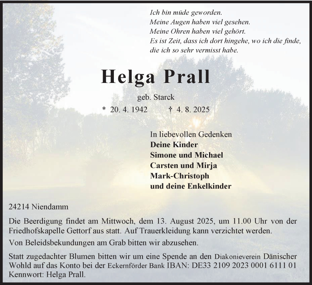  Traueranzeige für Helga Prall vom 09.08.2025 aus Eckernförder Zeitung