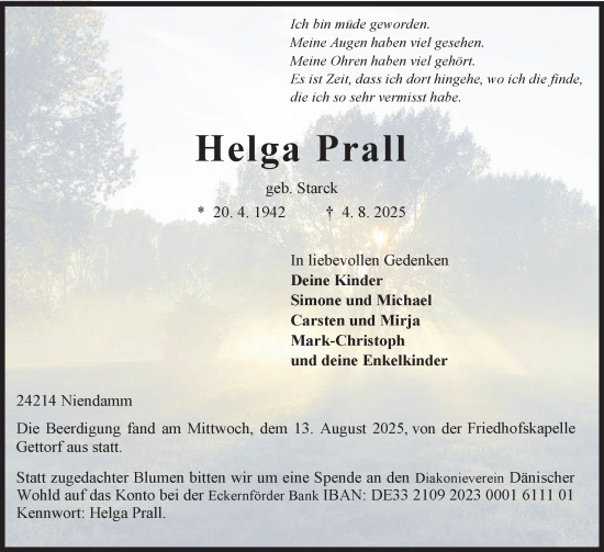 Traueranzeige von Helga Prall von Hallo Eckernförde