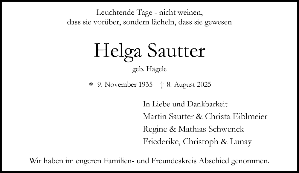  Traueranzeige für Helga Sautter vom 23.08.2025 aus MARKT Ahrensburg/Bargteheide/Trittau und Stormarner Tageblatt