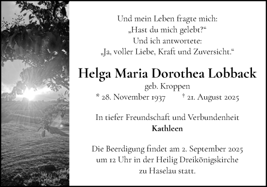 Traueranzeige von Helga Maria Dorothea Lobback von Uetersener Nachrichten, Der tip am Wochenende