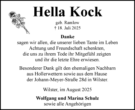 Traueranzeige von Hella Kock von Norddeutsche Rundschau, Wilstersche Zeitung, Glückstädter Fortuna