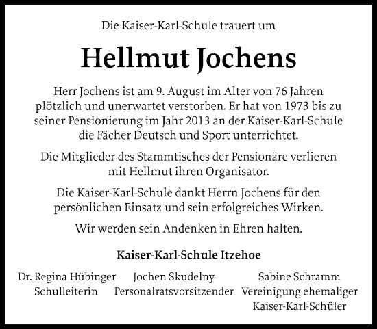 Traueranzeige von Hellmut Jochens von Norddeutsche Rundschau, Wilstersche Zeitung, Glückstädter Fortuna