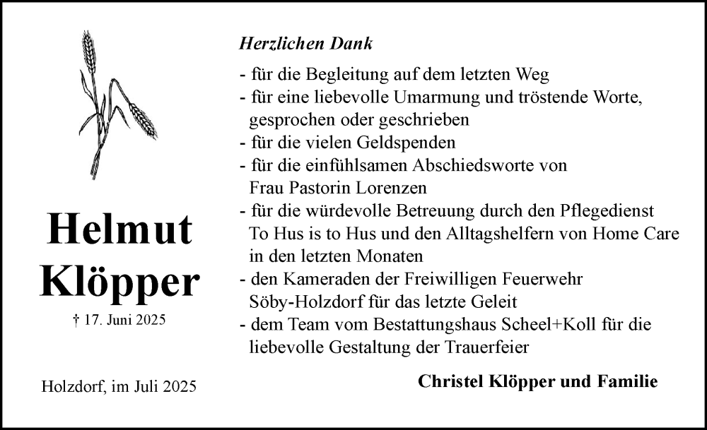  Traueranzeige für Helmut Klöpper vom 02.08.2025 aus Eckernförder Zeitung, Hallo Eckernförde