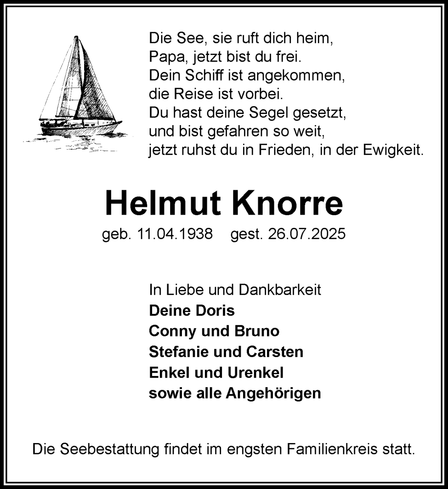  Traueranzeige für Helmut Knorre vom 16.08.2025 aus Umschau