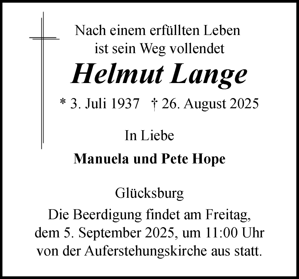  Traueranzeige für Helmut Lange vom 30.08.2025 aus Flensburger Tageblatt