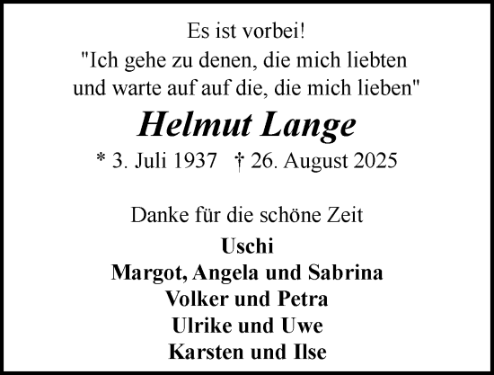 Traueranzeige von Helmut Lange von Flensburger Tageblatt