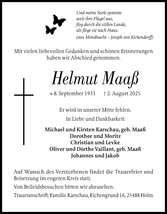 Traueranzeige von Helmut Maaß von Wedel-Schulauer Tageblatt, tip Wedel-Schulauer Tageblatt, tip Rissener Rundschau