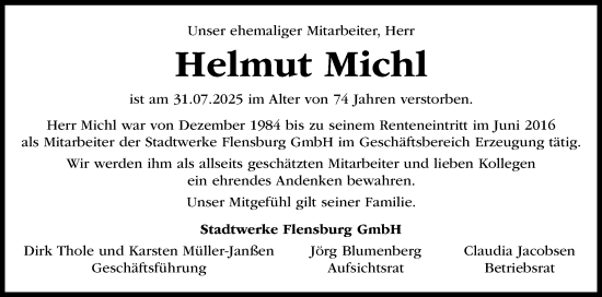 Traueranzeige von Helmut Michl von Flensburger Tageblatt
