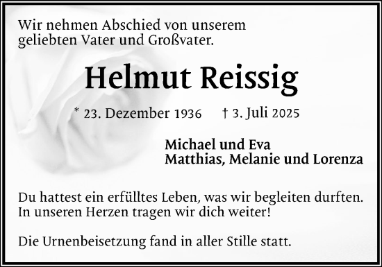 Traueranzeige von Helmut Reissig von Region Pinneberg und tip Pinneberg