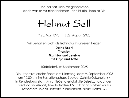 Traueranzeige von Helmut Sell von Schleswig-Holsteinische Landeszeitung