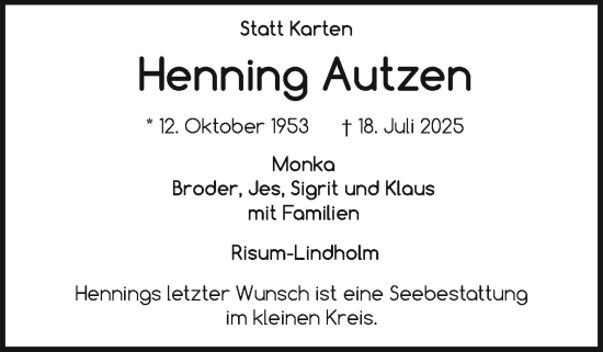 Traueranzeige von Henning Autzen von Husumer Nachrichten, Nordfriesland Tageblatt