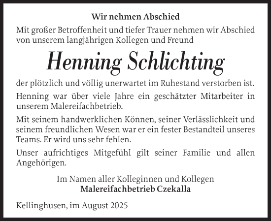 Traueranzeige von Henning Schlichting von Norddeutsche Rundschau, Wilstersche Zeitung, Glückstädter Fortuna