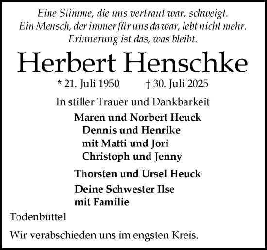 Traueranzeige von Herbert Henschke von Schleswig-Holsteinische Landeszeitung