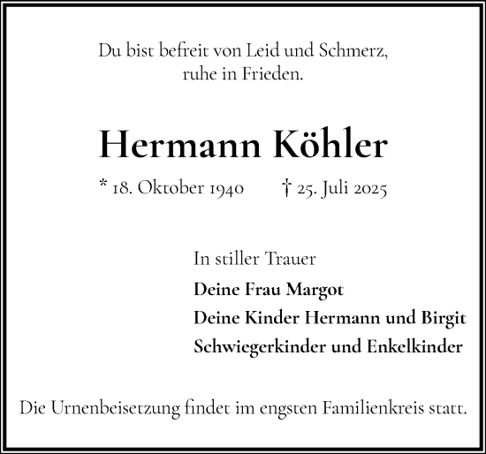 Traueranzeige von Hermann Köhler von Wedel-Schulauer Tageblatt, tip Wedel-Schulauer Tageblatt, tip Rissener Rundschau