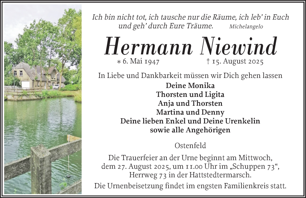  Traueranzeige für Hermann Niewind vom 23.08.2025 aus Husumer Nachrichten, Nordfriesland Tageblatt