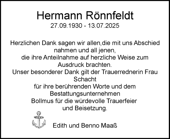 Traueranzeige von Hermann Rönnfeldt von Schleswig-Holsteinische Landeszeitung