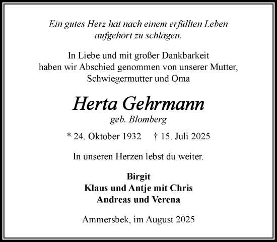 Traueranzeige von Herta Gehrmann von MARKT Ahrensburg/Bargteheide/Trittau und Stormarner Tageblatt